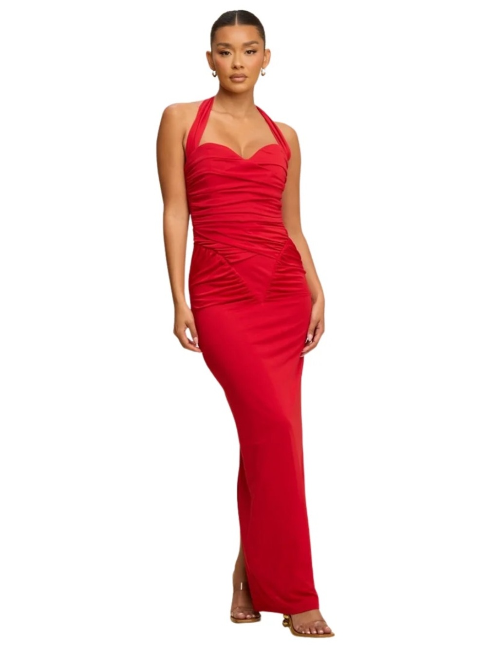 Red Halter Ruched Maxi Dress - Women small